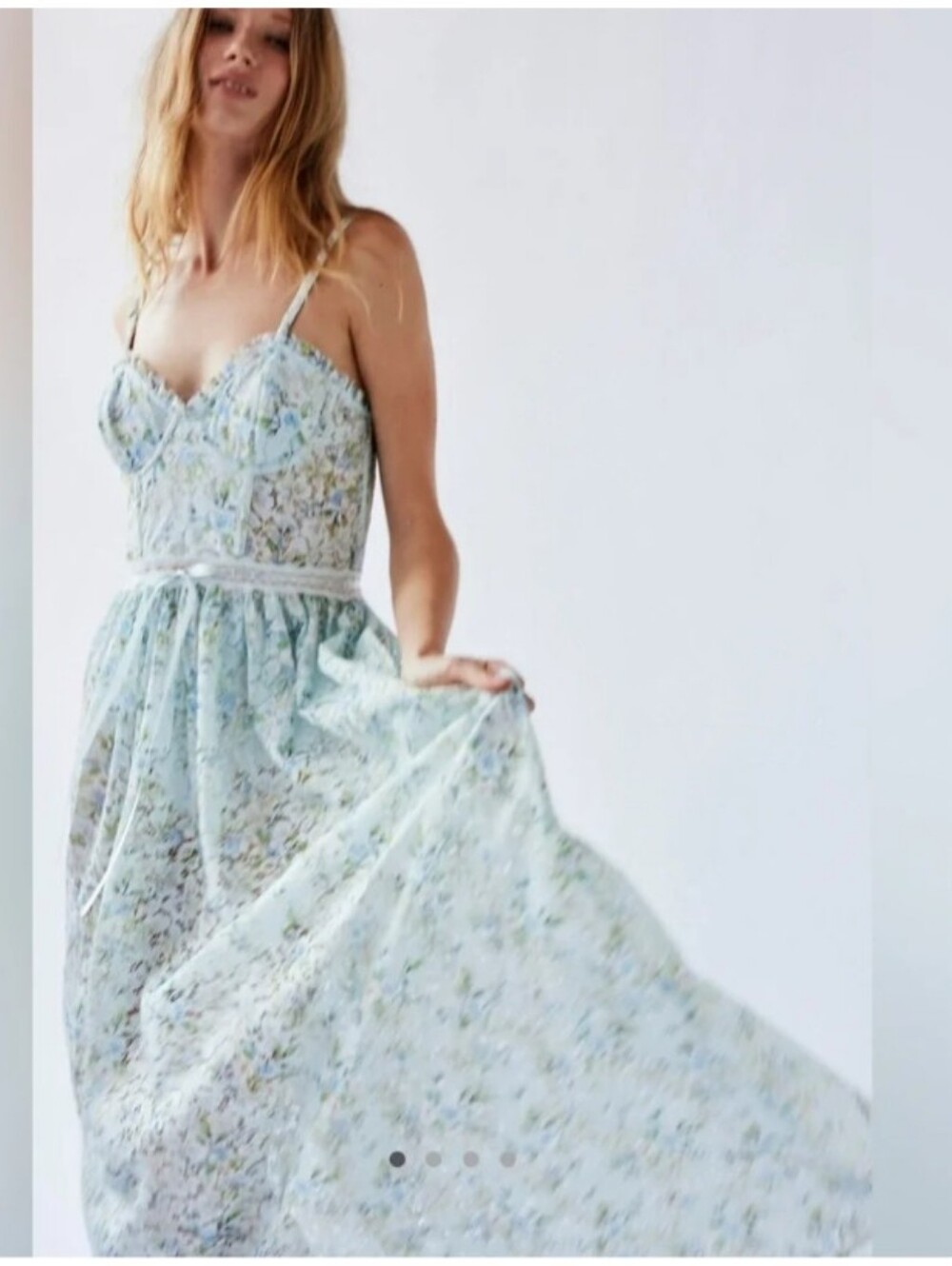 For Love & Lemons Cecelia Light Blue Floral Spaghetti-Strap Maxi Dress